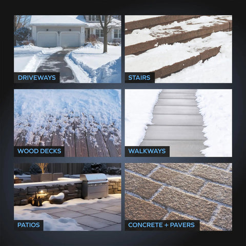 Cordless Electric Snow Shovel Kit usage on driveways, stairs, wood decks, walkways, patios, and concrete pavers