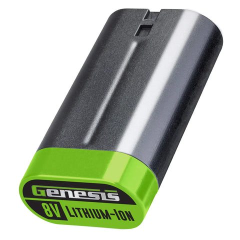 Genesis 8V Variable Speed Rotary Tool Kit lithium-ion battery pack with green and silver design.