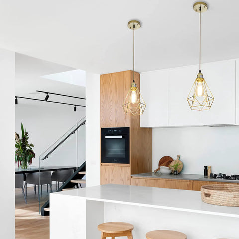 Gold Farmhouse Pendant Light 2 Pack Cage Style Hanging Lights For Kitchen Island, adjustable height in modern kitchen setting.