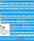 Compatibility chart for 4 Pack MP22YA Electric Range Burner Elements Set with stove brands and model numbers.