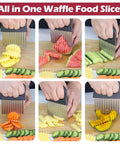 JAYVAR 2-in-1 crinkle cutter with peeler, stainless steel wave blades; six-view collage showing vegetable slicing.