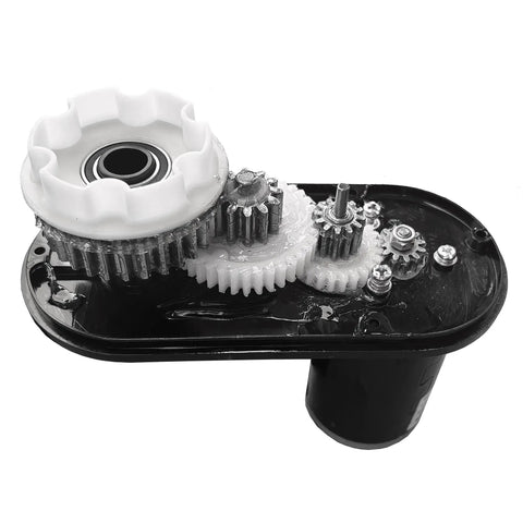 24V High Power Ride On Motor Gearbox With 5000RPM Output, internal view showing brushless gears and shaft fitting for UTVs.