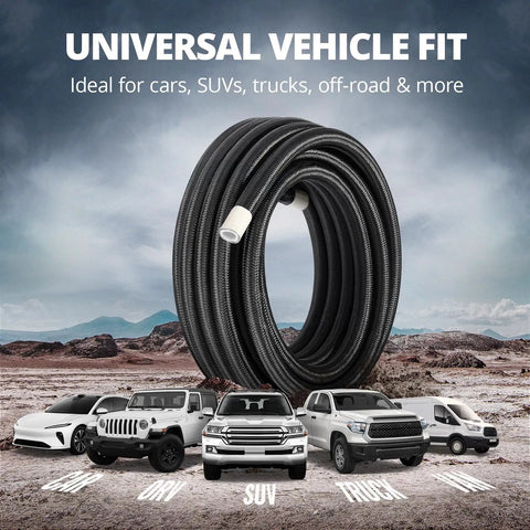 6AN PTFE Nylon Braided Fuel Line Kit for EFI LS swaps and turbo builds, coiled against a mountainous background with various vehicles shown.