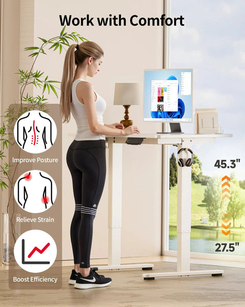 Electric Standing Desk With Adjustable Height And Memory Presets Heavy Duty Steel Base Rolling Casters For Office Gaming Home Setup 48X24 Inches White, user adjusts height for ergonomic comfort