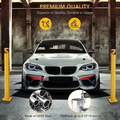 Heavy Duty 6 Pack Yellow Steel Bollards 48 Inch High Parking Posts With Anchor Bolts, Q235 steel, rustproof, used for driveway control.