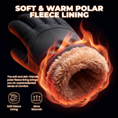 Close-up of Winter Waterproof Ski Gloves For Men And Women showing soft fleece lining with flames symbolizing warmth.