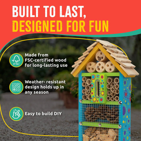 Sweet Bug Hotel Kit for Kids Easy Cedar Wood Insect House with FSC-certified weather-resistant design.