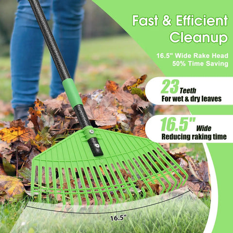 Heavy Duty Nylon Leaf Rake With 17 Inch Wide Head And 45 Inch Handle For Quick Lawn Cleanup, Lightweight Yard Rake in use