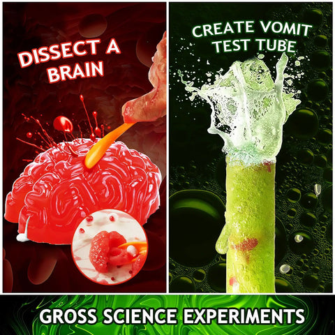 Gross Science Kit For Kids 75 Plus Experiments Slime Chemistry Set With Brain Dissection And Poop Experiments images showing brain dissection and vomit test tube.