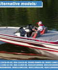 Red and white Skeeter fishing boat on water, driver navigating, labeled "Alternative models" with serial codes at the bottom.