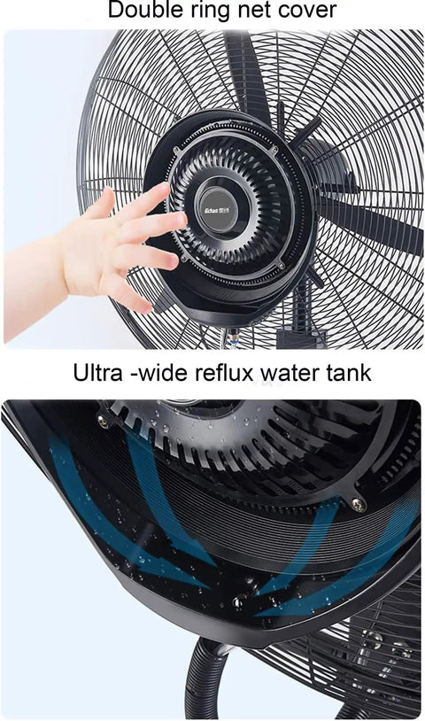 Heavy Duty Misting Pedestal Fan Delivers Badass Cooling Flow With Three Speed Levels For Gyms Workshops Or Grow Rooms detailing double ring net and water tank