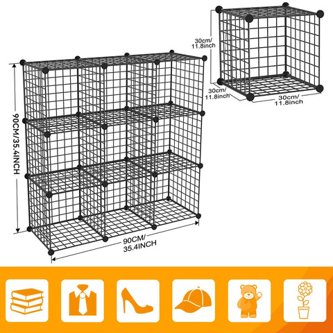 Freely Configurable Nine Cube Wire Storage Organizer For Books, Toys, Plants, And More, Metal Grid Shelving System In Black Iron