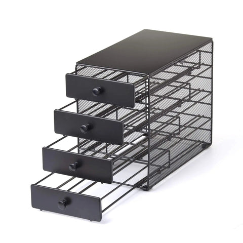 Black Satin 4 Tier Coffee Pod Drawer Organizer Compatible With K Cups Holds Up To 72 Pods For Easy Access On Your Kitchen Countertop Or Office Desk Storage Solution. Open drawers showing mesh design.