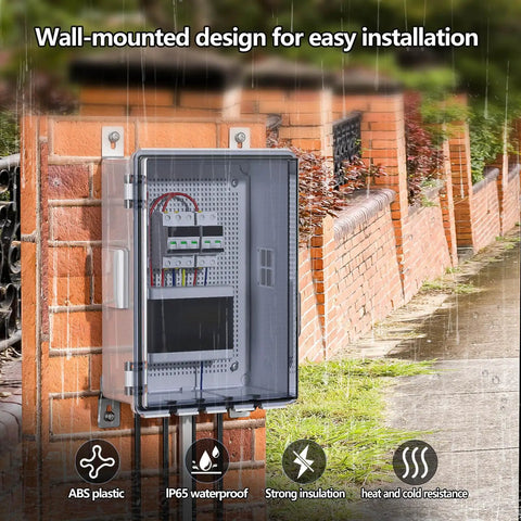 Rugged Outdoor Ready Ventilated ABS Electrical Junction Box With IP65 Waterproof Enclosure mounted on brick wall, clear cover