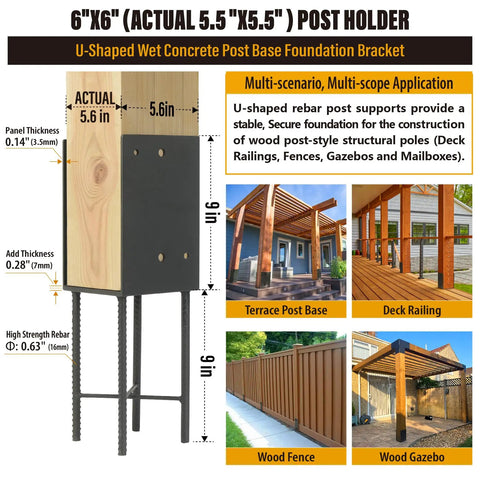 Heavy Duty Stainless Steel U Shape Post Holder For Concrete Use 6x6 Inch Actual 5.5x5.5 Inch post base with rebar details