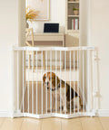 Heavy Duty Metal Retractable Pet Gate For Doorways And Stairs With Auto Close Design Straight Up Secure Dog Barrier Expands To 38 Inches Wide No Bottom Bar Classic White with a beagle behind it.