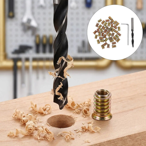 Beefy Wood Threaded Insert Kit With Hex Drive Nuts For Quick Furniture Fixes And Solid Secure Fastening One Quarter Inch Thread Size For Durable DIY Woodworking Projects. wood insert kit with drill bit and 1/4-20 brass insert nut in wood