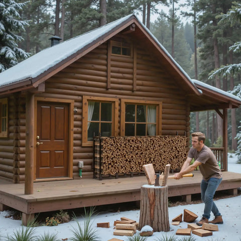 Man chopping wood near a cabin with Heavy Duty 8Ft Outdoor Firewood Rack For Backyard Storage, Large Capacity Log Stacking Stand