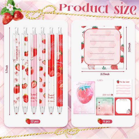 Strawberry Themed Stationery Set With 12 Cute Pens And 6 Strawberry Sticky Notes, perfect gift for office school supplies, detailed view.