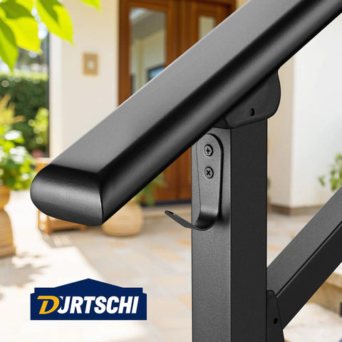 Close-up of solid wrought iron handrail for outdoor steps with secure side fence and easy install kit. Kick Your Porch Game Up With Solid Wrought Iron Handrails For Outdoor Steps Featuring Secure Side Fence And Easy Install Kit Heavy Duty Black Exterior Railing For Concrete Or Wood Stairs.