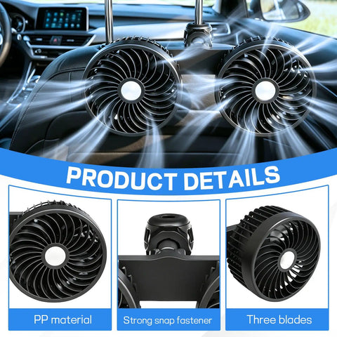 Keep Your Ride Chill With This Usb Powered Dual Head Car Fan Featuring Three Speed Settings And 360 Degree Swivel Headrest Mount For Big Airflow And Straight Up Sweet Relief On Family Trips Or Daily Commutes showing dual fans and product details.
