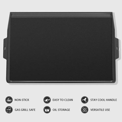 Cast Iron Griddle For Gas Grill And Stove Top 23 Inch By 16 Inch Universal Flat Top with icons for features