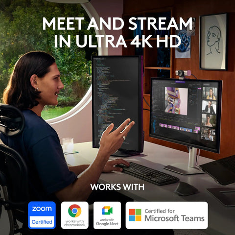 User engaging in a video call using the Next Level Ultra HD 4K Webcam For Smooth Streaming And Remote Calls Featuring AI Enhanced Framing And Crisp Gameplay Capture That Legit Goes Hard In Graphite.