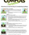 Instructions for using CowPots for seed starting, showcases 102 Square 4 Inch Seedling Pots Brown 12 Pack Root Friendly Plantable Pots.