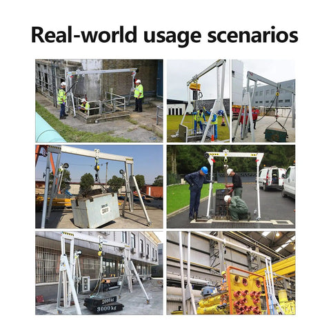 Heavy Duty Portable Gantry Crane 2200 Lb Capacity Foldable Aluminum Frame in various real-world lifting scenarios.