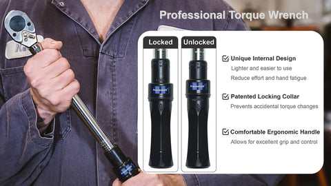 3/8 Inch Drive Dual Direction Click Torque Wrench, 10-80 Ft-Lb Range, shown with ergonomic handle and locking collar features.