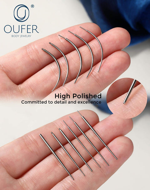 6 curved and 6 straight needles in hand, part of Piercing Ball Grabber Kit For 16G 18G 20G Internally Threaded Push Pin External Thread Guide Needle Tool Made In Surgical Steel Body Piercing Kit For Ear Nose Lip With Easy Insertion And Precise Alignment.