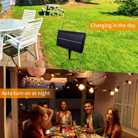 G40 Solar String Lights Outdoor 32Ft With 20 Plus 2 Shatterproof Edison Bulbs used in daytime charging and night dining scene