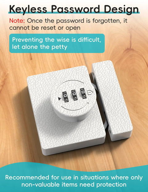Solid Keyless Cabinet Lock With Three Digit Combo For Sliding Doors And Drawers Featuring Anti Pry Bar And No Sweat Install White Finish on wood surface