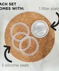 Milano Stovetop Espresso Maker Gasket Set With 3 Silicone Seals And 1 Replacement Filter Screen Kit displayed on cork surface.