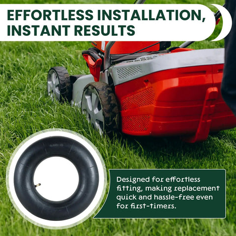 Lawn mower on grass with an inset showing Two Pack 4.80/4.00-8 Inner Tubes With TR87 Angled Valve Stem for easy installation.