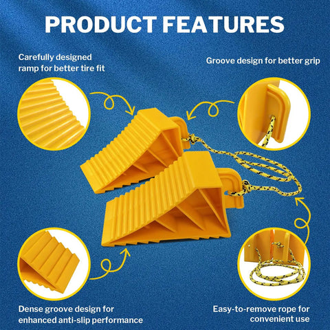 Heavy Duty Wheel Chocks For Rvs And Trailers, Non Slip Tire Stoppers With Durable Rope, grooved design for better tire grip.