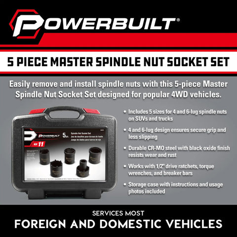 Spindle Nut Socket Set Five Piece for 4x4 SUVs and Light Trucks with storage case, shown in casing with product features listed.