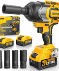 Heavy Duty Cordless Impact Wrench With Brushless Motor, 900 FT LBS Torque, One Half Inch Drive, 20 Volt Platform, Dual Four Ampere Batteries, Grease Monkey Approved For Rigs, kit with sockets and batteries