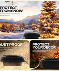 Outdoor Waterproof Electrical Box For Small Cords And Power Strips With Six Cable Entries All Weather Extension Cord Cover For Plugs Timers And Lights Durable Black Outdoor Enclosure For Patios And Yards shown in snowy and festive settings.