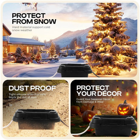 Outdoor Waterproof Electrical Box For Small Cords And Power Strips With Six Cable Entries All Weather Extension Cord Cover For Plugs Timers And Lights Durable Black Outdoor Enclosure For Patios And Yards shown in snowy and festive settings.