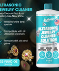 Ultra Strong 32 Oz Ultrasonic Jewelry Cleaner Solution with colorful packaging and gold earrings, removes dirt and oils.