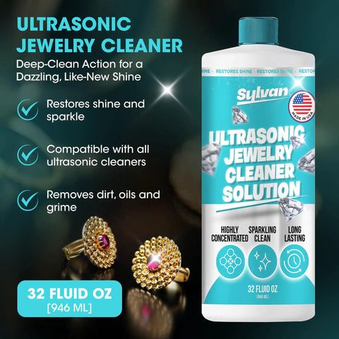 Ultra Strong 32 Oz Ultrasonic Jewelry Cleaner Solution with colorful packaging and gold earrings, removes dirt and oils.