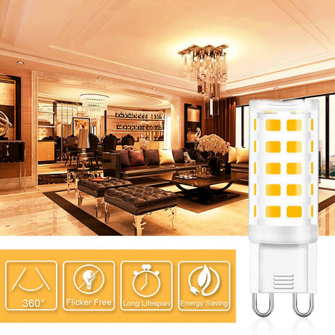 G9 Led Bulbs 4W Chandelier Light Bulbs 40W Halogen Equivalent 3000K Soft White Brighten Your Home Bi Pin Base Non Dimmable 360 Degree Beam Angle 400LM Pack Of 6 Energy Saving Long Lasting, image showing bulb in elegant indoor setting with icons highlighting features