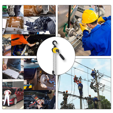 Manual lever chain hoist (come-along) with yellow housing, black handle, 1/4 ton capacity and steel chain.