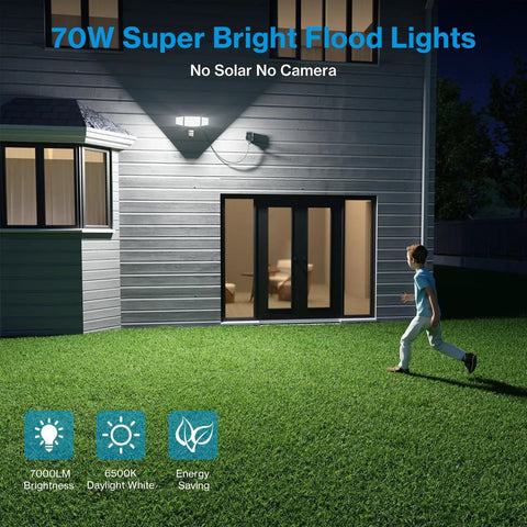 70W Motion Sensor Plug In Outdoor Flood Light No Hardwire Needed Dusk To Dawn 7000LM IP65 Waterproof LED Security Light With 6500K PIR Sensor For Garage Yard Patio Eave Black installed on house exterior wall illuminating backyard