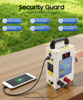 Hand Crank Generator 150W Portable Power Station charging a smartphone on a wooden table in a grassy outdoor setting.