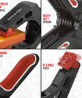 7-Inch Spring Clamps Set Of 4 Heavy Duty Nylon Clamps With Easy Grip Handles For Workholding And DIY Woodworking Gluing Clamping And Securing Projects showing detailed views of reinforced nylon, heavy-duty spring, ergonomic handle, and flexible pads.