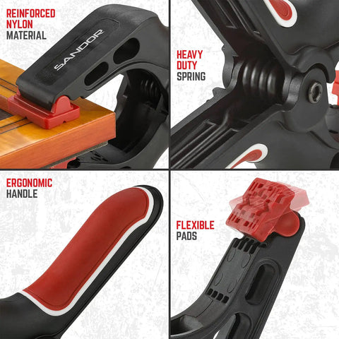 7-Inch Spring Clamps Set Of 4 Heavy Duty Nylon Clamps With Easy Grip Handles For Workholding And DIY Woodworking Gluing Clamping And Securing Projects showing detailed views of reinforced nylon, heavy-duty spring, ergonomic handle, and flexible pads.