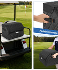 Dual Layer Golf Trunk Organizer With Ventilated Shoe Compartment For Two Pairs Of Shoes on golf cart with handle detail.