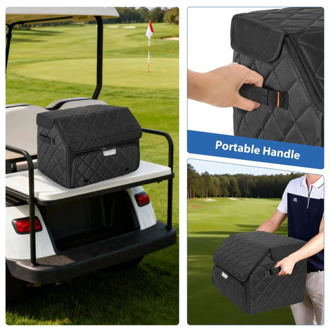 Dual Layer Golf Trunk Organizer With Ventilated Shoe Compartment For Two Pairs Of Shoes on golf cart with handle detail.